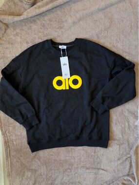ALO Yoga Black Crewneck Sweatshirt with Yellow Logo
